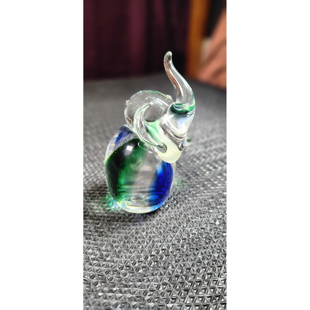 Small Glass Elephant Figurine Paperweight Clear Green Blue Art Animal Decor